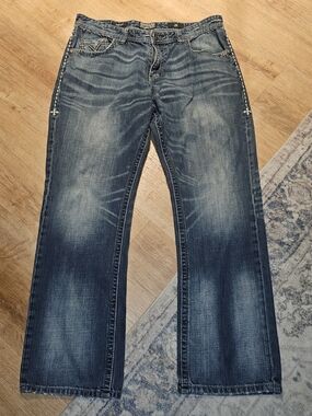 Affliction Grant Jeans Mens Size 36x30 Distressed Relaxed Straight Leg Blue